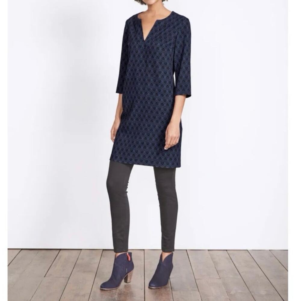 Boden Deep Blue Geometric Easy Notch Neck Shift Dress, 3/4 Sleeve, Size 4